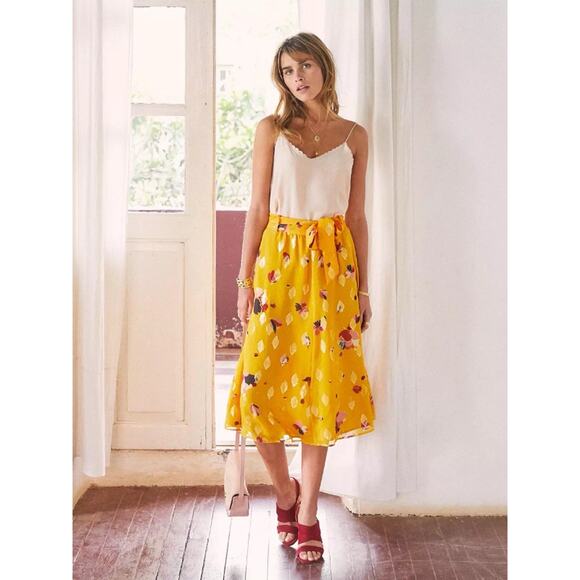 Sézane Silk Floral Wrap Skirt Yellow Gold Metallic Midi 44 US 12 Viscose Lining - Picture 2 of 14